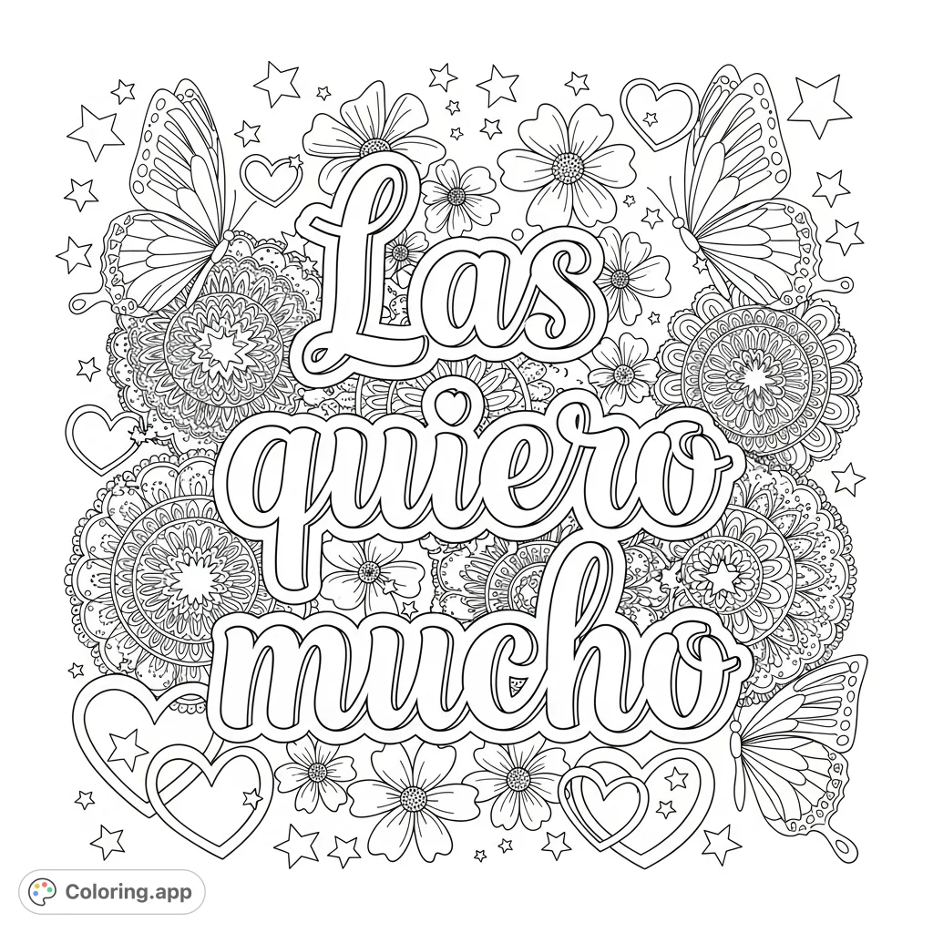 A beautiful "Las quiero mucho" coloring page featuring elegant script surrounded by delicate flowers, butterflies, lacey mandalas, stars, and hearts for a loving, detailed design.
