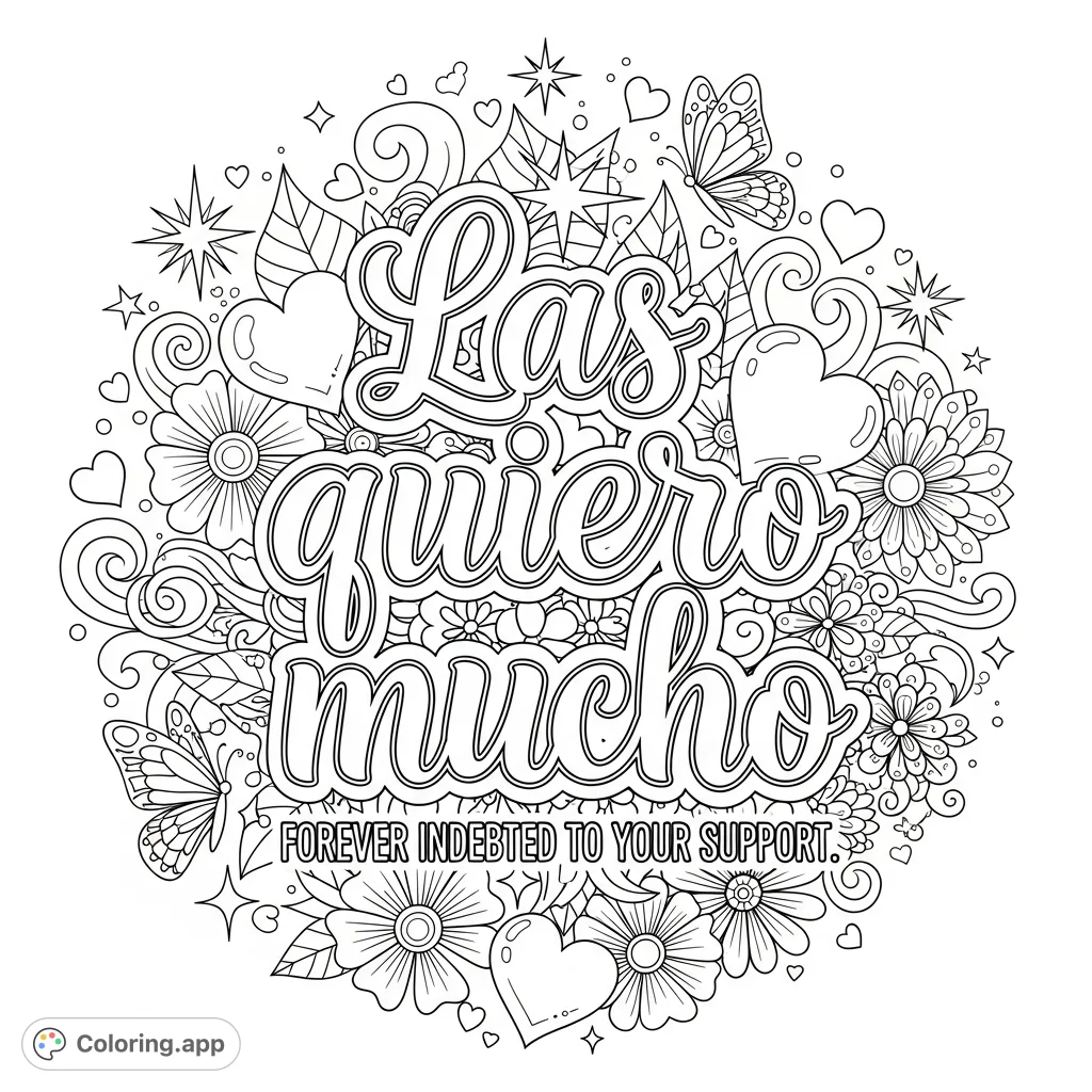 A heartfelt 'Las quiero mucho' message surrounded by a beautiful, intricate doodle of flowers, hearts, and butterflies, perfect for stress-relieving coloring.