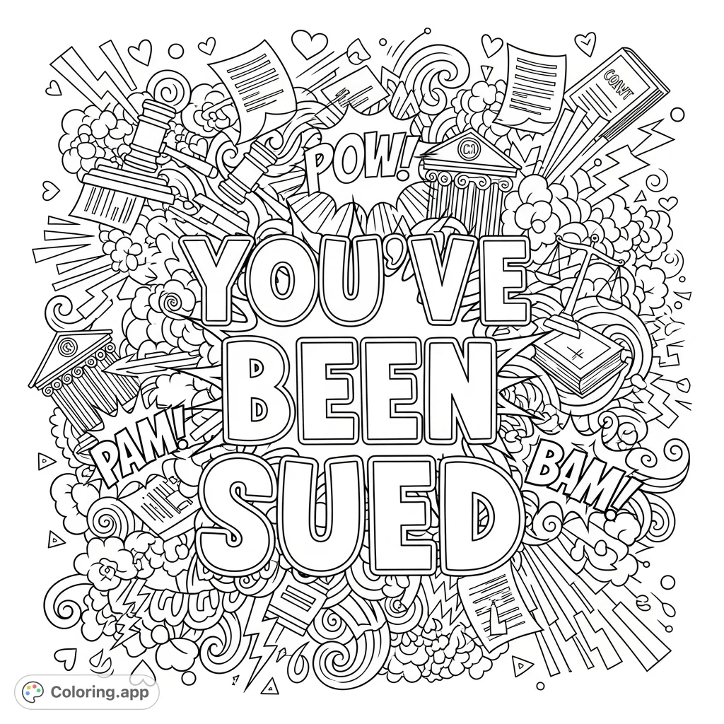 An adult legal drama coloring page featuring the bold phrase "You’ve Been Sued" amidst a chaotic, detailed doodle background of courtroom and comic elements.