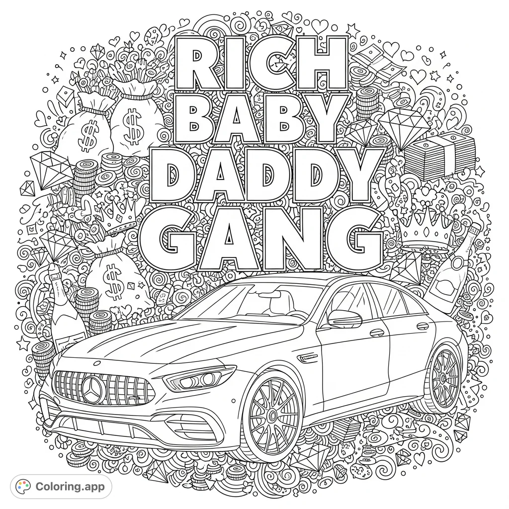 A detailed Mercedes AMG 63 surrounded by playful doodles of money, diamonds, and crowns, with "Rich Baby Daddy Gang" text for a luxurious coloring experience.
