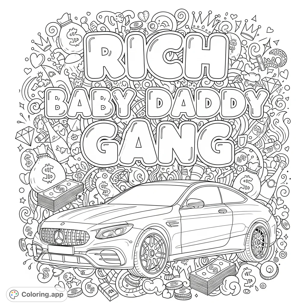 Color a luxurious Mercedes AMG 63 surrounded by intricate doodles of money, diamonds, and champagne. A sassy, detailed adult coloring page.