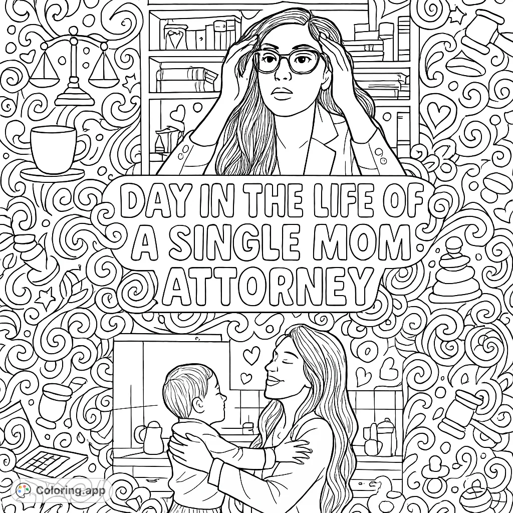 Explore the dynamic life of a single mom attorney, balancing a demanding career with precious family moments, surrounded by empowering doodles. A detailed adult coloring page.