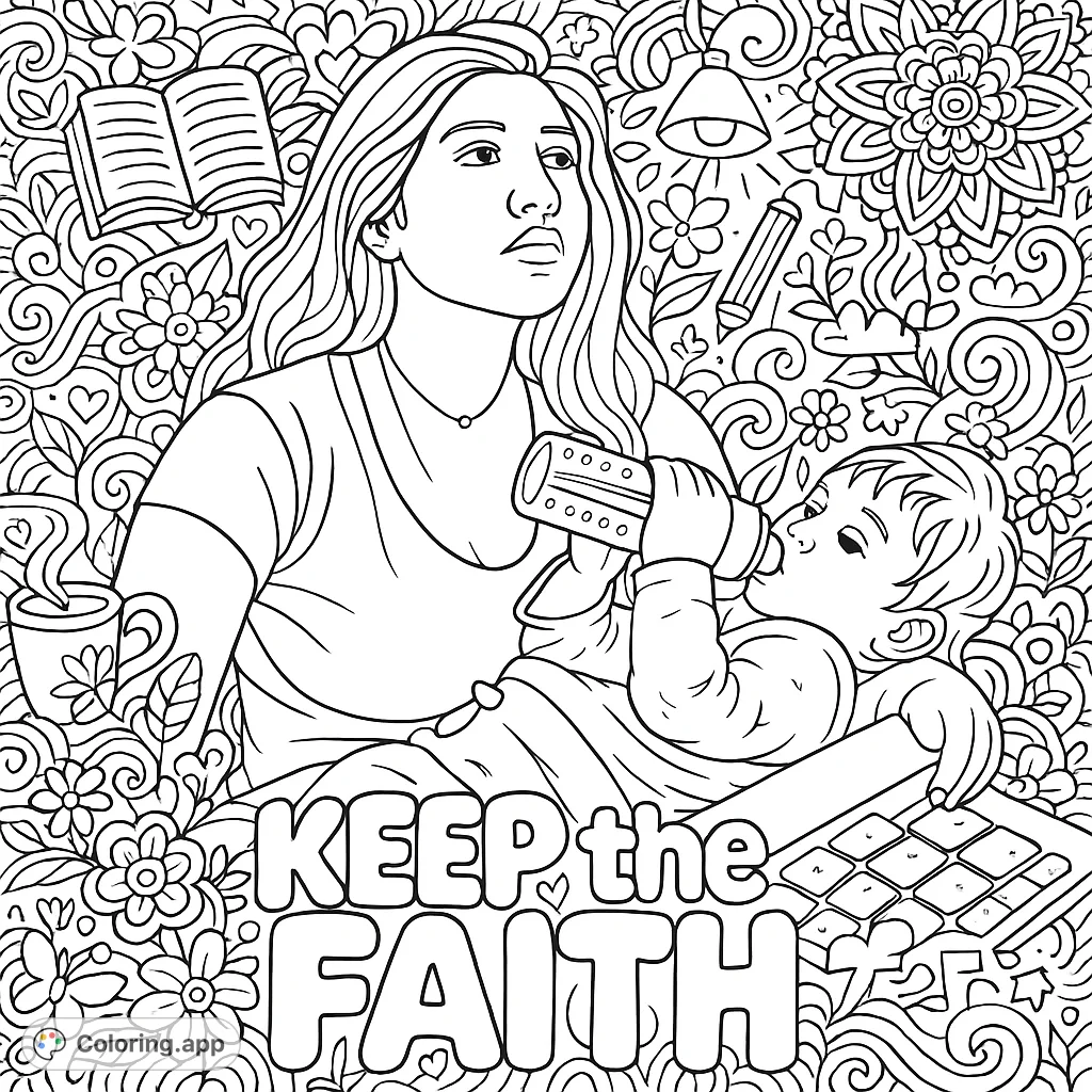 An intricate coloring page depicting a mother studying with her baby, surrounded by inspirational doodles, mandala motifs, and the phrase 'Keep the Faith'.