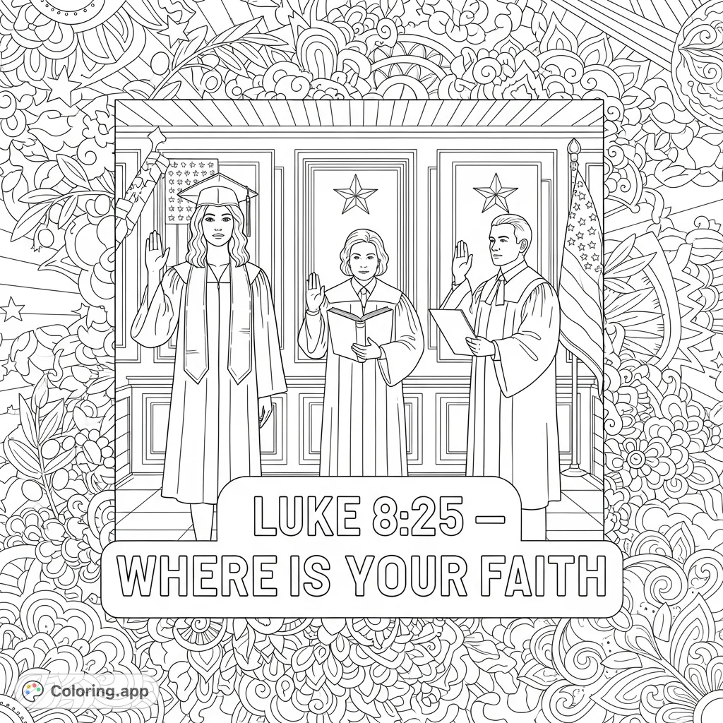 A solemn scene of a graduate taking an oath with judicial figures, framed by intricate patterns and a biblical quote. A detailed coloring page.