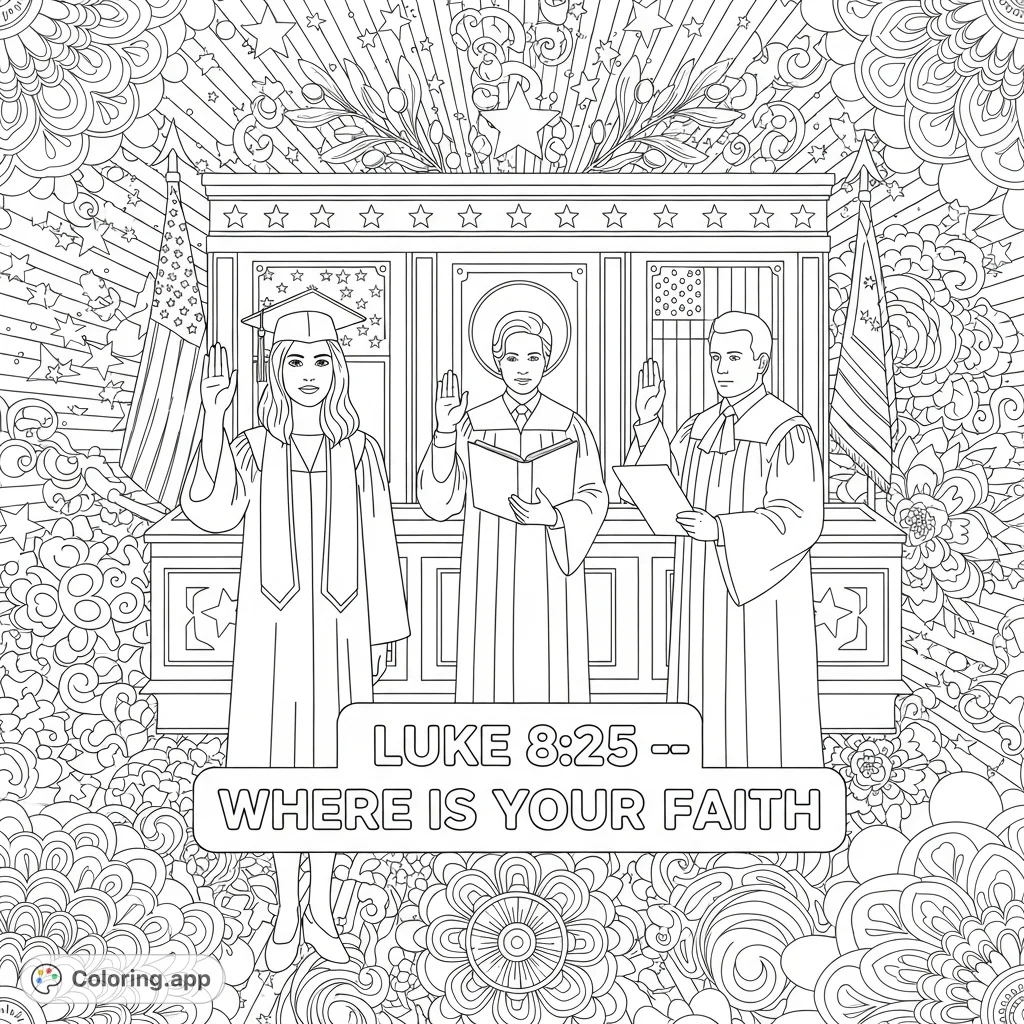 A solemn scene of a graduate taking an oath with judicial figures, framed by intricate patterns and a biblical quote. A detailed coloring page.