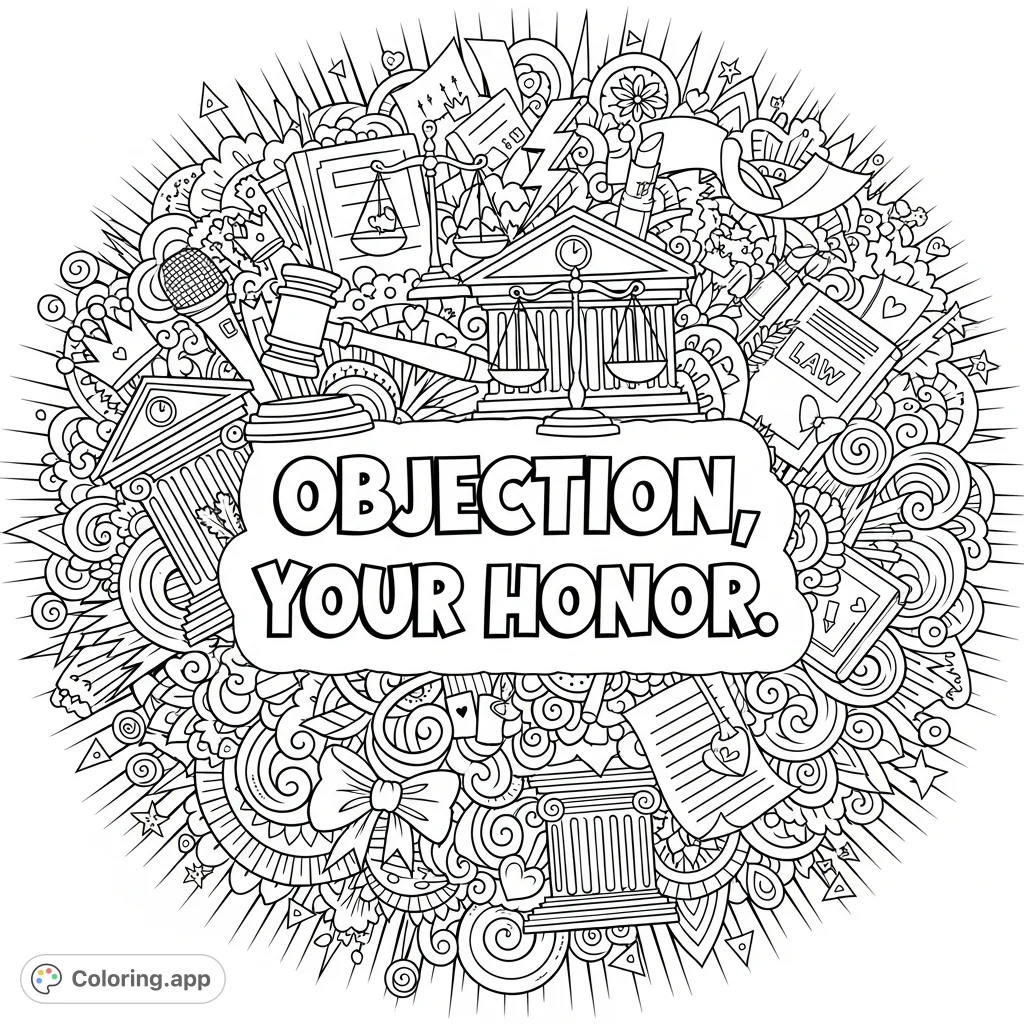" surrounded by an intricate explosion of legal and sassy doodles, filling the entire canvas.
