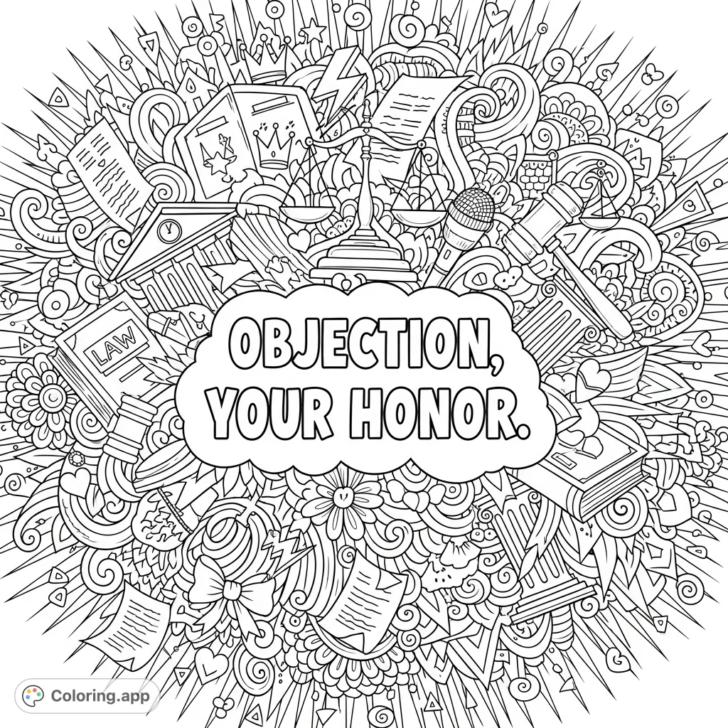 " surrounded by an intricate explosion of legal and sassy doodles, filling the entire canvas.