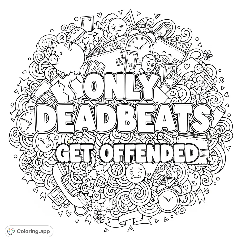 An intricate adult coloring page featuring the bold phrase "Only Deadbeats Get Offended" surrounded by detailed doodles of financial woes and whimsical accents.