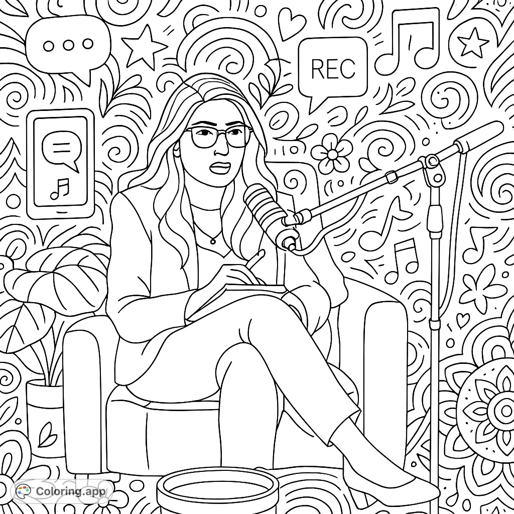 Empowering podcast host surrounded by intricate doodles of sound waves, tech, and whimsical patterns. A modern, stress-relieving coloring page.