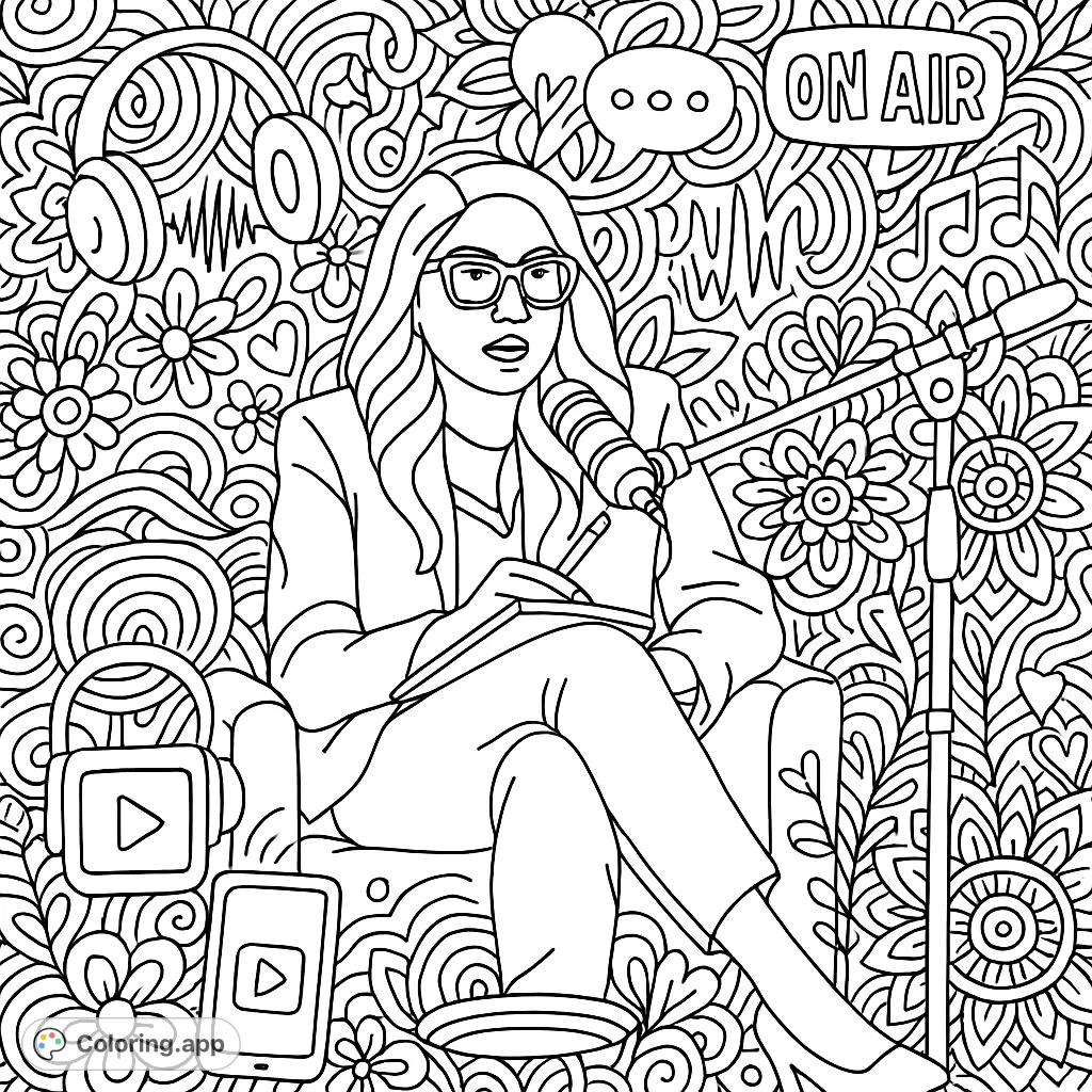 Empowering woman hosts a podcast, surrounded by intricate doodles of sound waves, tech, and whimsical patterns. A modern, stress-relieving coloring page.