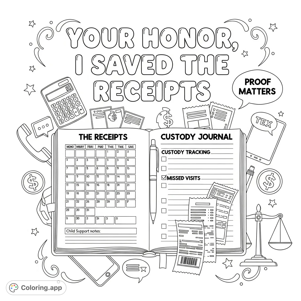 An empowering adult coloring page featuring the phrase 'Your Honor, I Saved the Receipts,' an open custody journal, and legal-themed doodles.