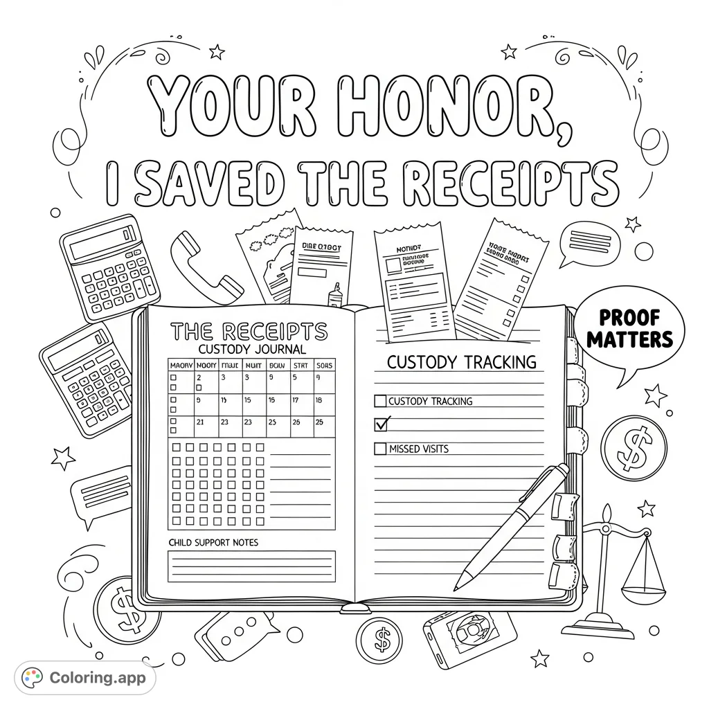 An empowering adult coloring page featuring the phrase 'Your Honor, I Saved the Receipts,' an open custody journal, and legal-themed doodles.
