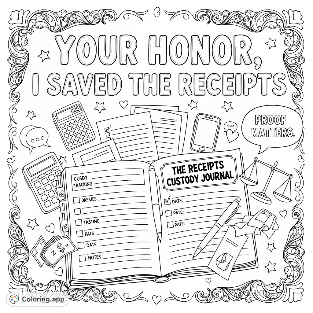 An empowering legal theme coloring page featuring the phrase 'Your Honor, I Saved the Receipts,' an open custody journal, and playful doodles.