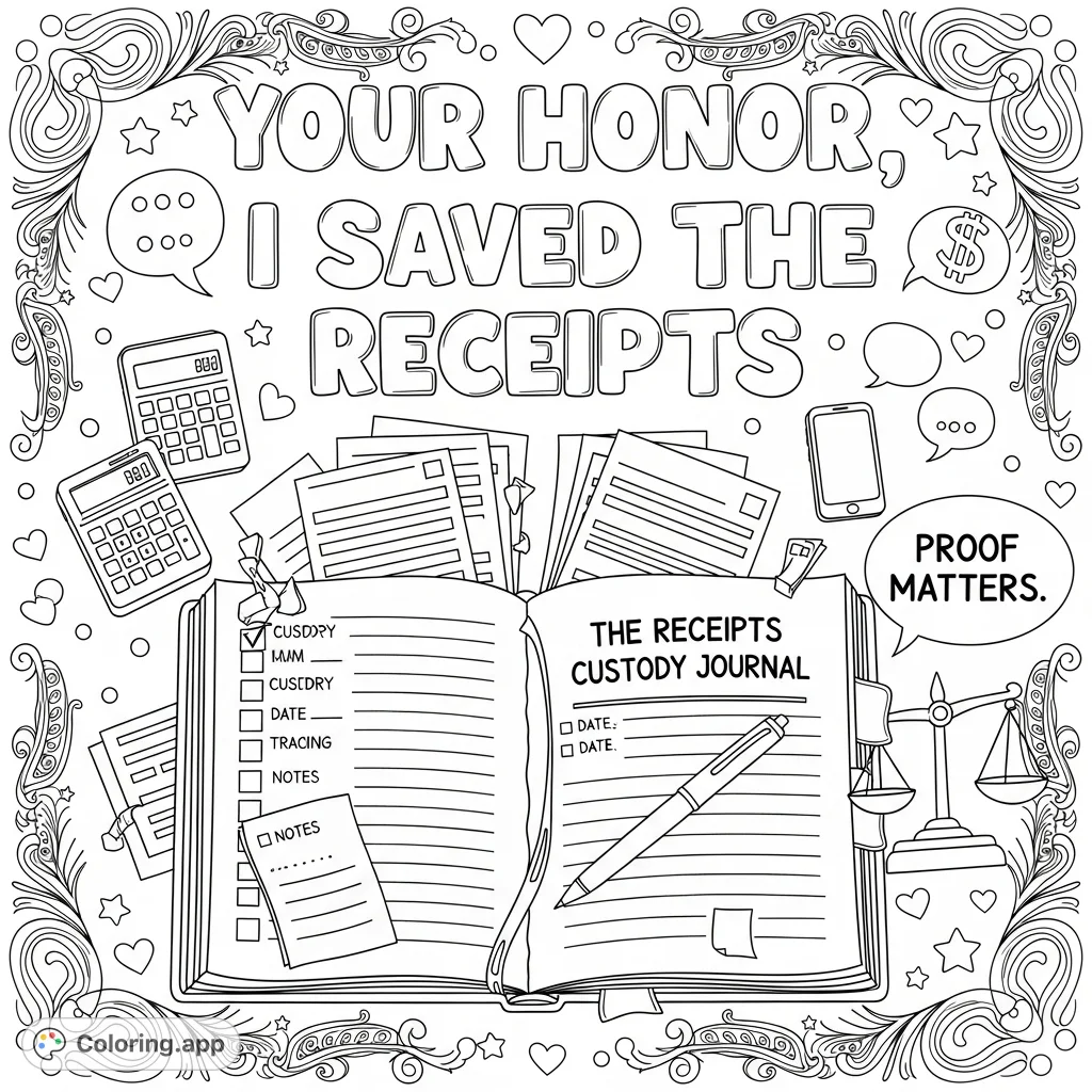 An empowering legal theme coloring page featuring the phrase 'Your Honor, I Saved the Receipts,' an open custody journal, and playful doodles.
