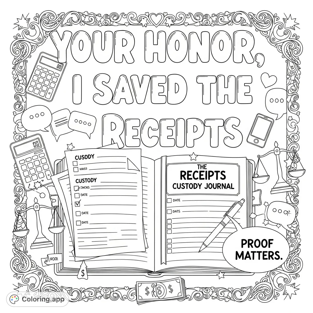 An empowering legal theme coloring page featuring the phrase 'Your Honor, I Saved the Receipts,' an open custody journal, and playful doodles.