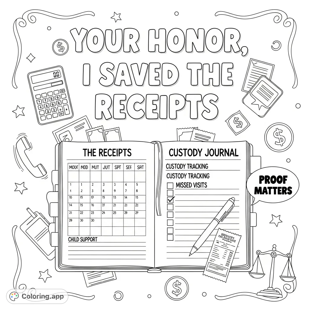 An empowering adult coloring page featuring the phrase "Your Honor, I Saved the Receipts," an open custody journal, and legal-themed doodles.