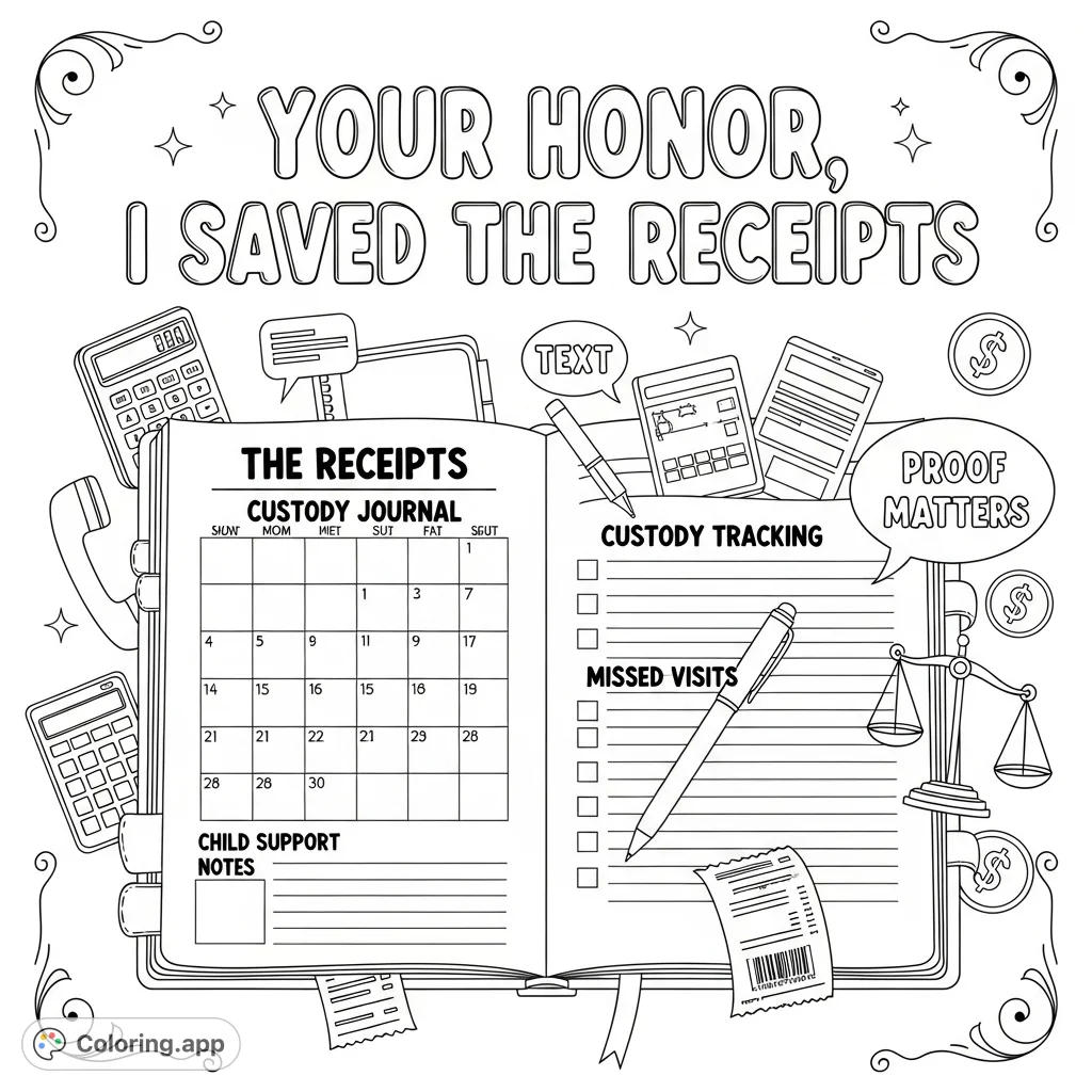 An empowering adult coloring page featuring the phrase "Your Honor, I Saved the Receipts," an open custody journal, and legal-themed doodles.