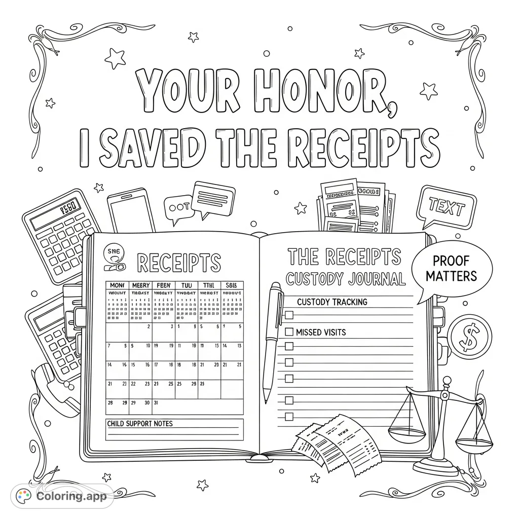An empowering adult coloring page featuring the phrase "Your Honor, I Saved the Receipts," an open custody journal, and legal-themed doodles.