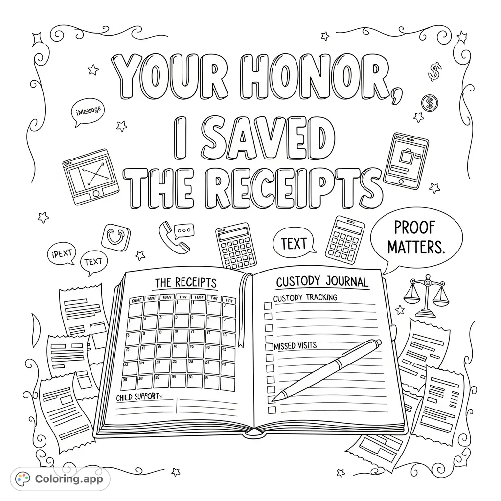 Empowering adult coloring page featuring 'Your Honor, I Saved the Receipts,' an open custody journal, and legal-themed doodles. A bold statement for justice.