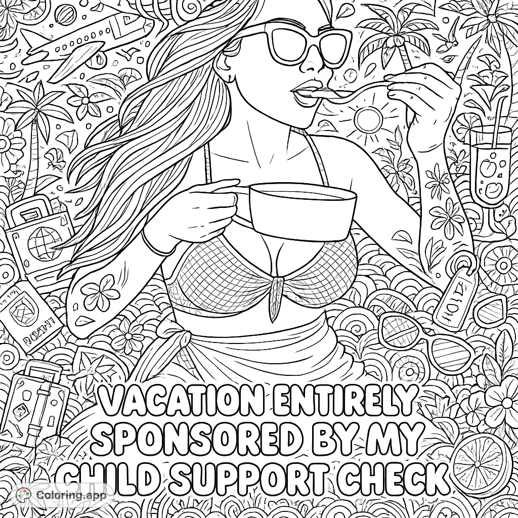Sassy beach vacation scene with a woman enjoying a meal, surrounded by playful travel doodles and a cheeky phrase. Perfect for adult colorists.