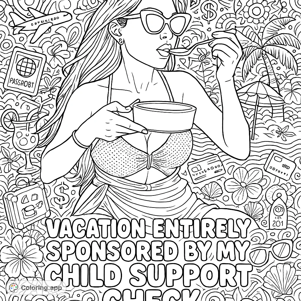 Sassy beach vacation scene with a woman enjoying a meal, surrounded by playful travel doodles and a cheeky phrase. Perfect for adult colorists.
