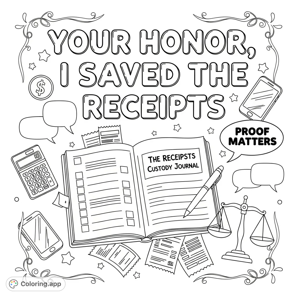An empowering adult coloring page featuring the bold phrase "Your Honor, I Saved the Receipts," an open journal, and symbols of justice and organization.