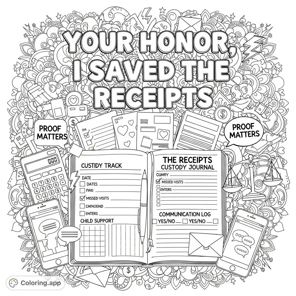 An empowering adult coloring page featuring 'Your Honor, I Saved the Receipts' in bold letters, surrounded by a detailed custody journal and symbolic doodles.