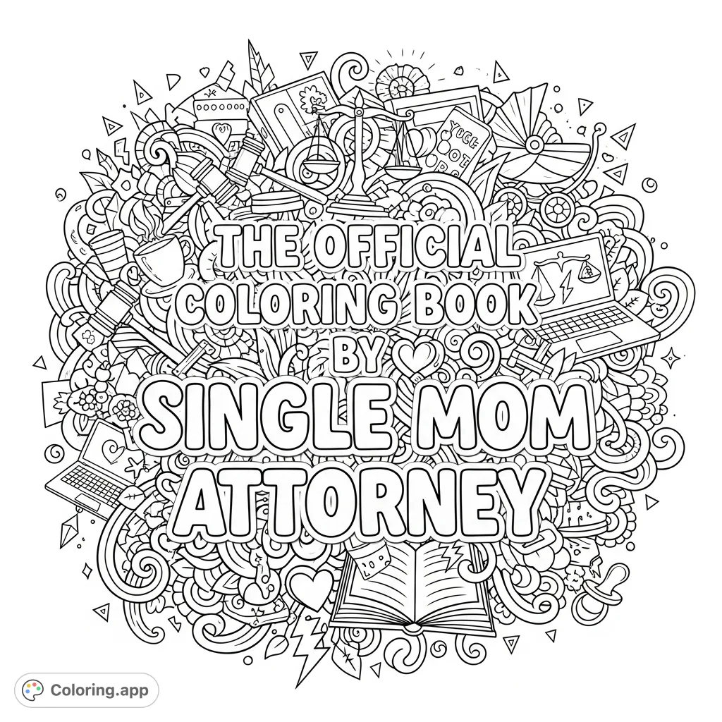 A powerful empowerment coloring page featuring the title "The Official Coloring Book by Single Mom Attorney" surrounded by intricate doodles of law, motherhood, and inspiration.
