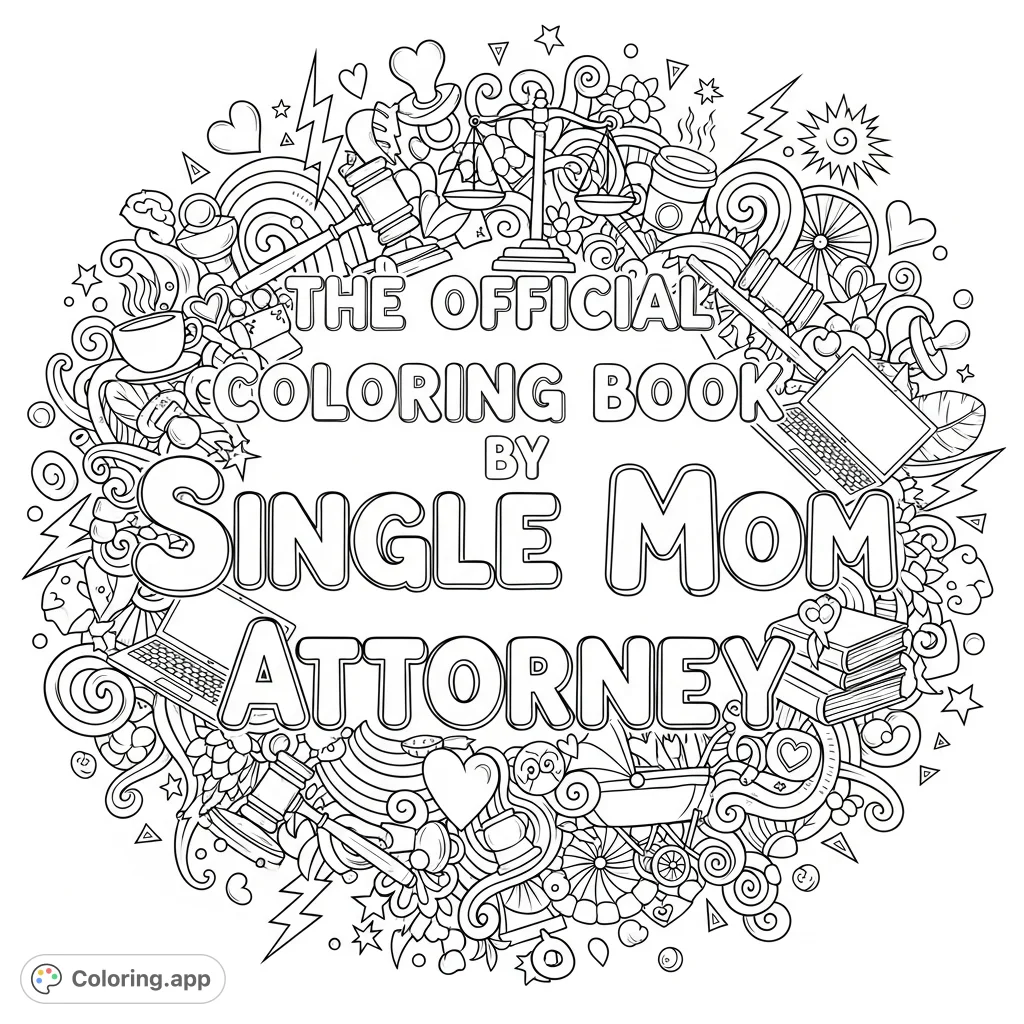 An empowering coloring page featuring the title 'The Official Coloring Book by Single Mom Attorney' surrounded by intricate doodles of law, motherhood, and strength.