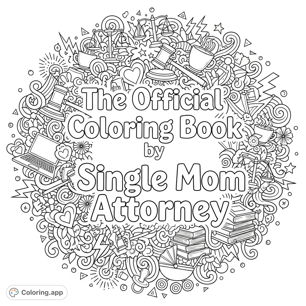 An empowering coloring page featuring the title 'The Official Coloring Book by Single Mom Attorney' surrounded by intricate doodles of law, motherhood, and strength.