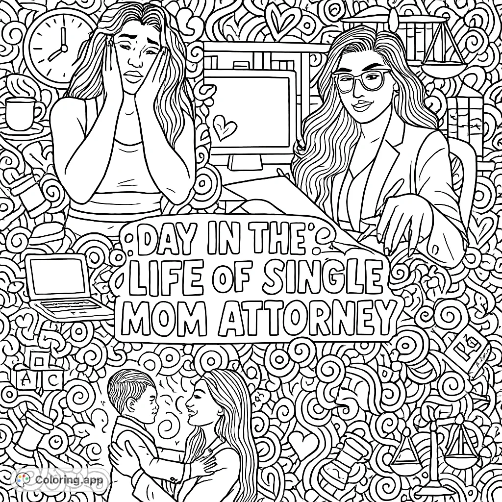 Empowering single mom attorney coloring page. Three scenes depict her busy life: early morning exhaustion, professional focus, and tender moments with her son, surrounded by intricate doodles.