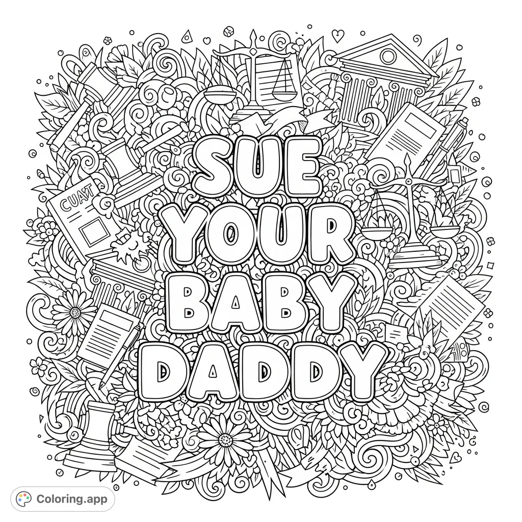 A unique coloring page featuring bold 'Sue Your Baby Daddy' text surrounded by intricate legal and whimsical doodles, perfect for detailed adult coloring.