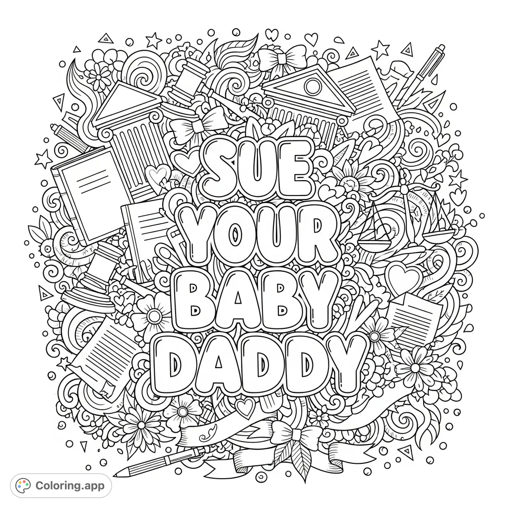 A unique adult coloring page featuring bold 'Sue Your Baby Daddy' text surrounded by intricate doodles of legal symbols and whimsical elements. Perfect for stress relief.