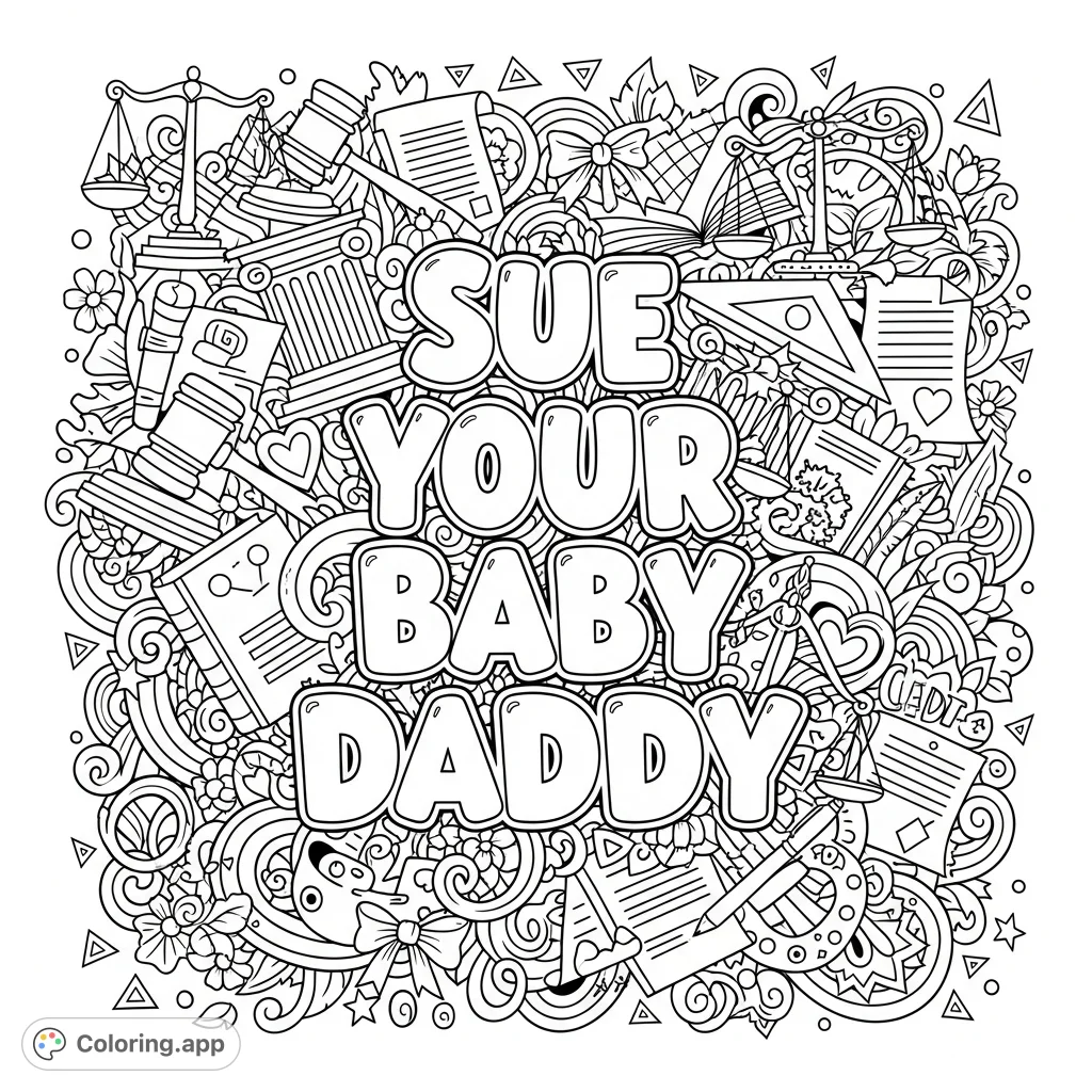 An empowering adult coloring page featuring bold 'Sue Your Baby Daddy' text surrounded by intricate doodles of legal symbols and whimsical accents.
