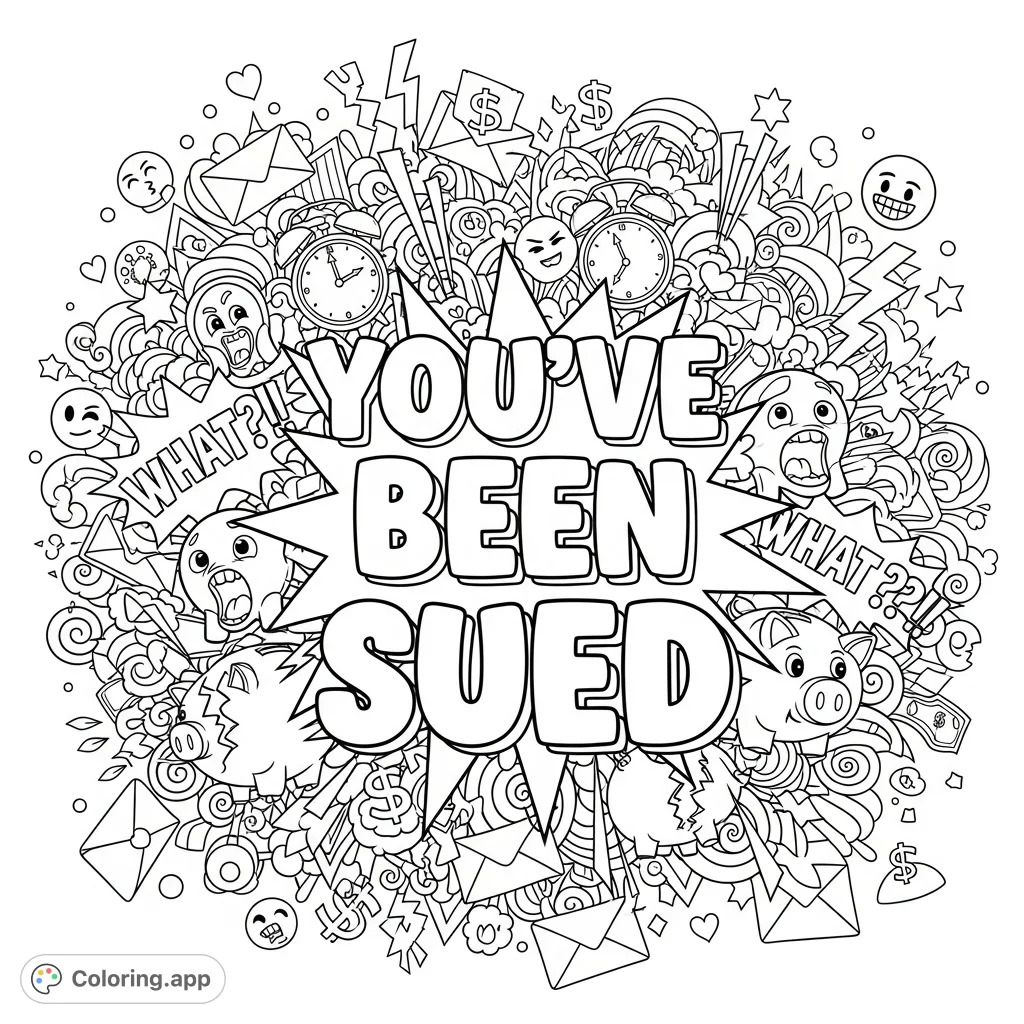 A hilarious, over-the-top 'You've Been Sued' coloring page featuring a dramatic doodle explosion of shocked faces, dollar signs, and intricate patterns.