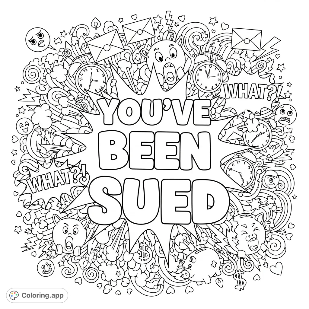 A hilarious, over-the-top 'You've Been Sued' coloring page featuring a dramatic doodle explosion of shocked faces, dollar signs, and intricate patterns.