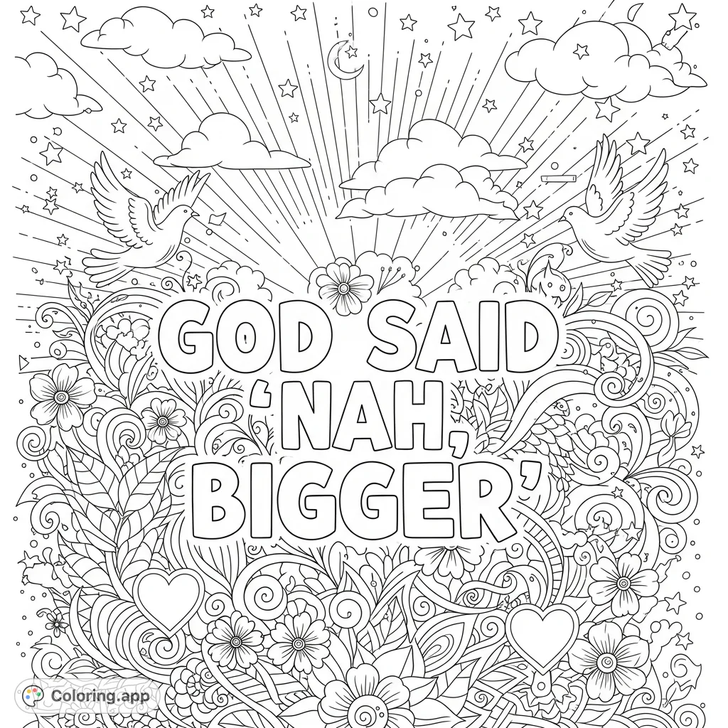 An intricate, faith-inspired coloring page featuring the empowering phrase "God Said 'Nah, Bigger'" surrounded by radiant beams, stars, doves, flowers, and mandala swirls.