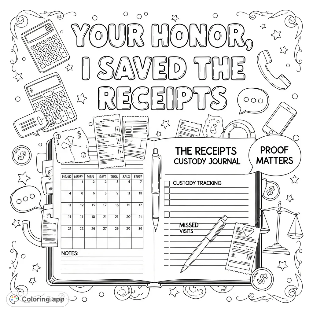 An empowering adult coloring page featuring the phrase "Your Honor, I Saved the Receipts," an open custody journal, and symbolic doodles.