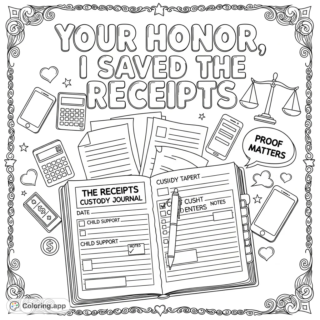 An empowering adult coloring page featuring the phrase 'Your Honor, I Saved the Receipts,' an open custody journal, and playful doodles of proof.
