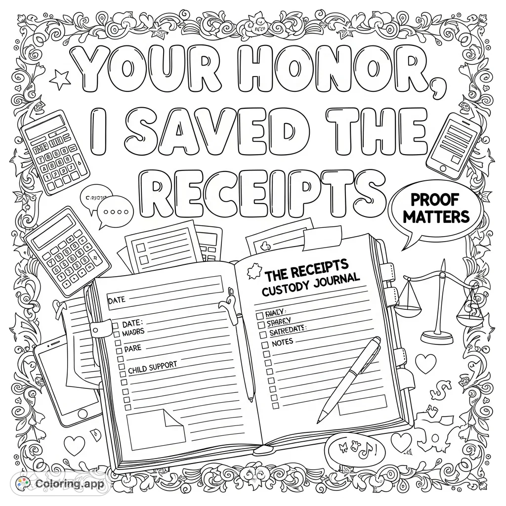 An empowering adult coloring page featuring the phrase 'Your Honor, I Saved the Receipts,' an open custody journal, and playful doodles of proof.