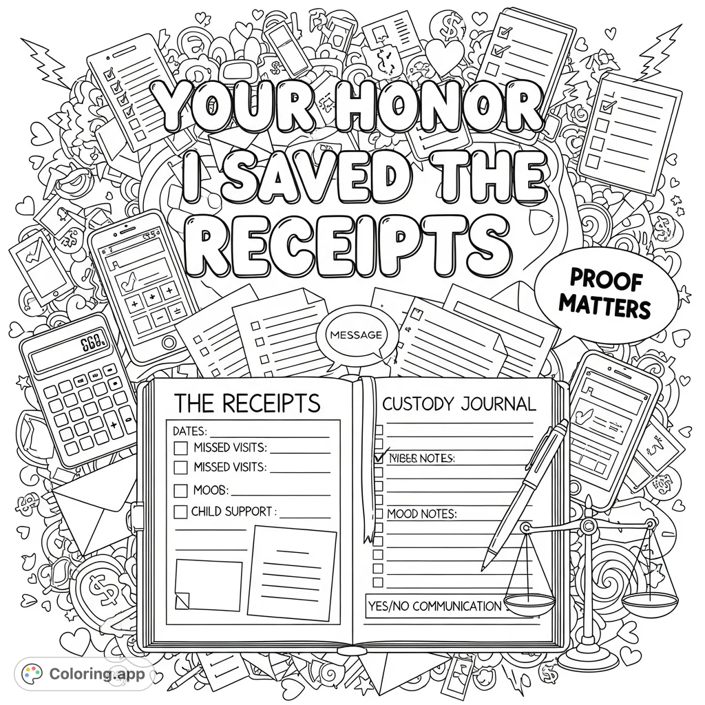 An empowering adult coloring page featuring the phrase "Your Honor, I Saved the Receipts," a detailed custody journal, and symbolic legal doodles.
