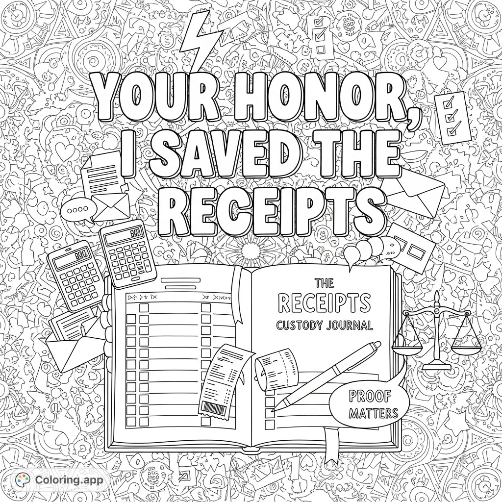A bold and empowering coloring page featuring the phrase 'Your Honor, I Saved the Receipts,' an open custody journal, and playful doodles of evidence.