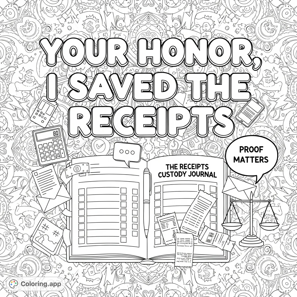 A bold and empowering coloring page featuring the phrase 'Your Honor, I Saved the Receipts,' an open custody journal, and playful doodles of evidence.
