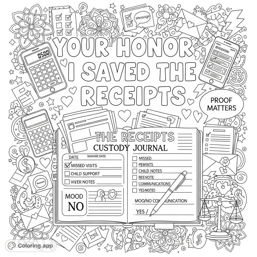 An empowering adult coloring page featuring the phrase "Your Honor, I Saved the Receipts," a detailed custody journal, and symbolic legal doodles.