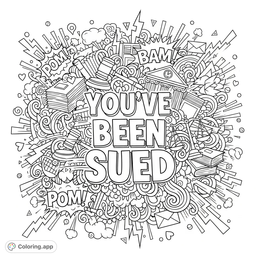 A dramatic and humorous coloring page featuring the bold phrase "You've Been Sued" surrounded by a busy doodle background of legal and comic-book elements.