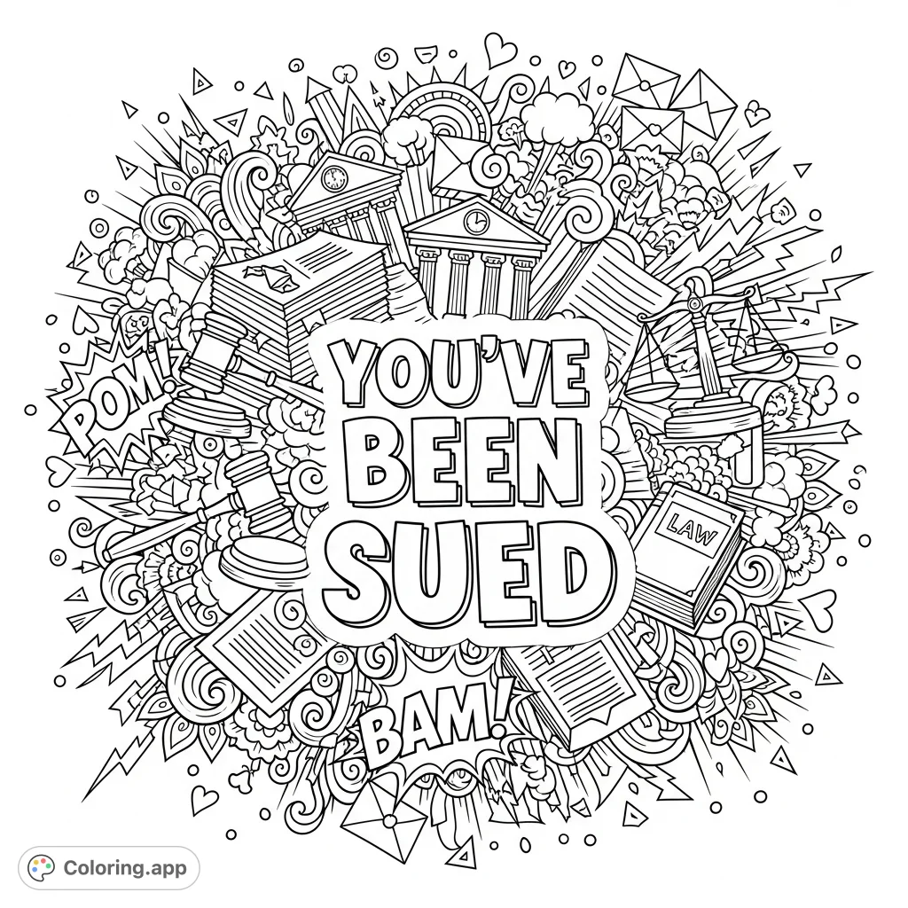 Dive into a hilariously dramatic "You've Been Sued" coloring page, packed with comic-book action, legal chaos, and whimsical doodles for adult colorists.