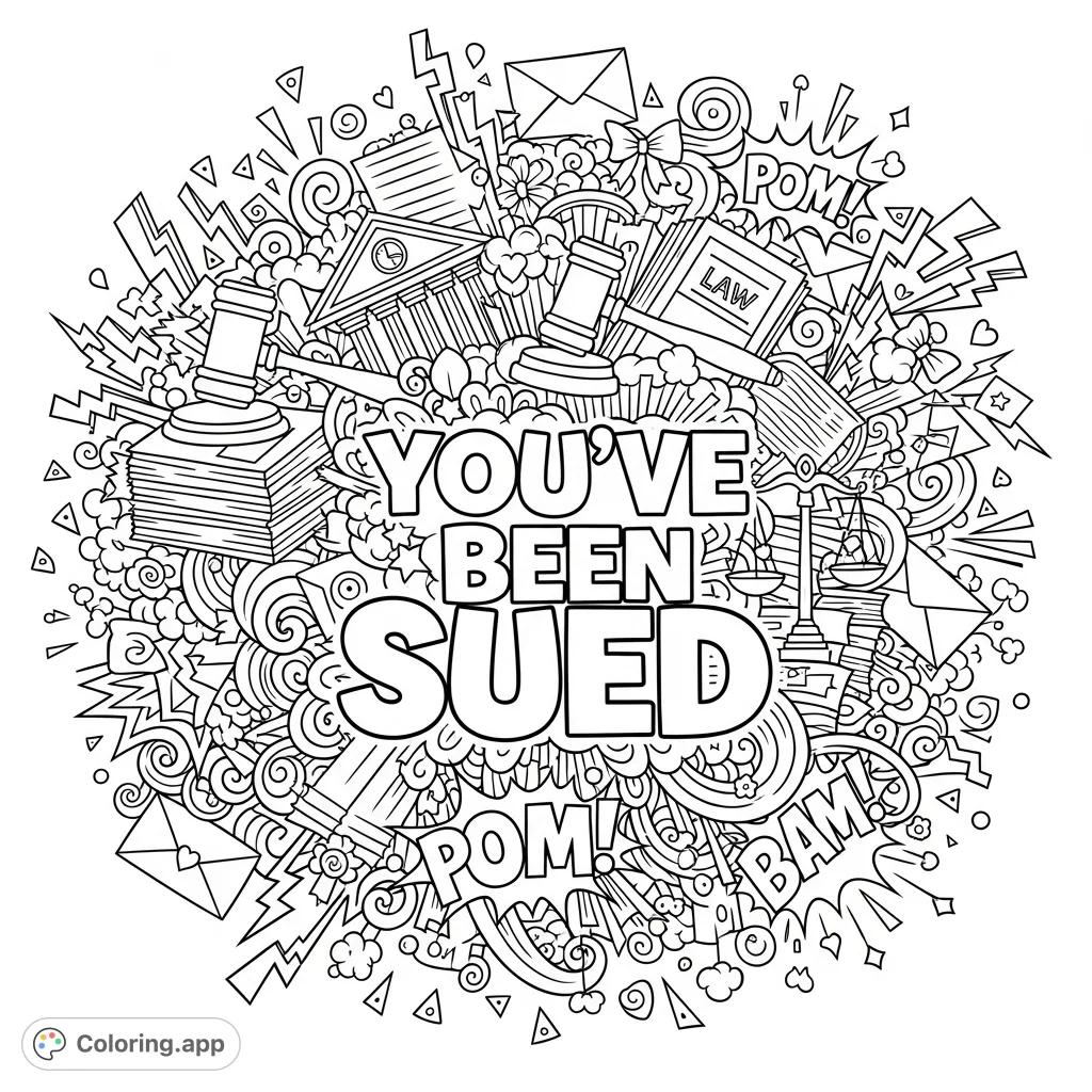 Dive into a hilariously dramatic "You've Been Sued" coloring page, packed with comic-book action, legal chaos, and whimsical doodles for adult colorists.