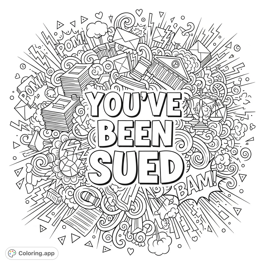 A dramatic and humorous coloring page featuring the bold phrase "You've Been Sued" surrounded by a busy doodle background of legal and comic-book elements.