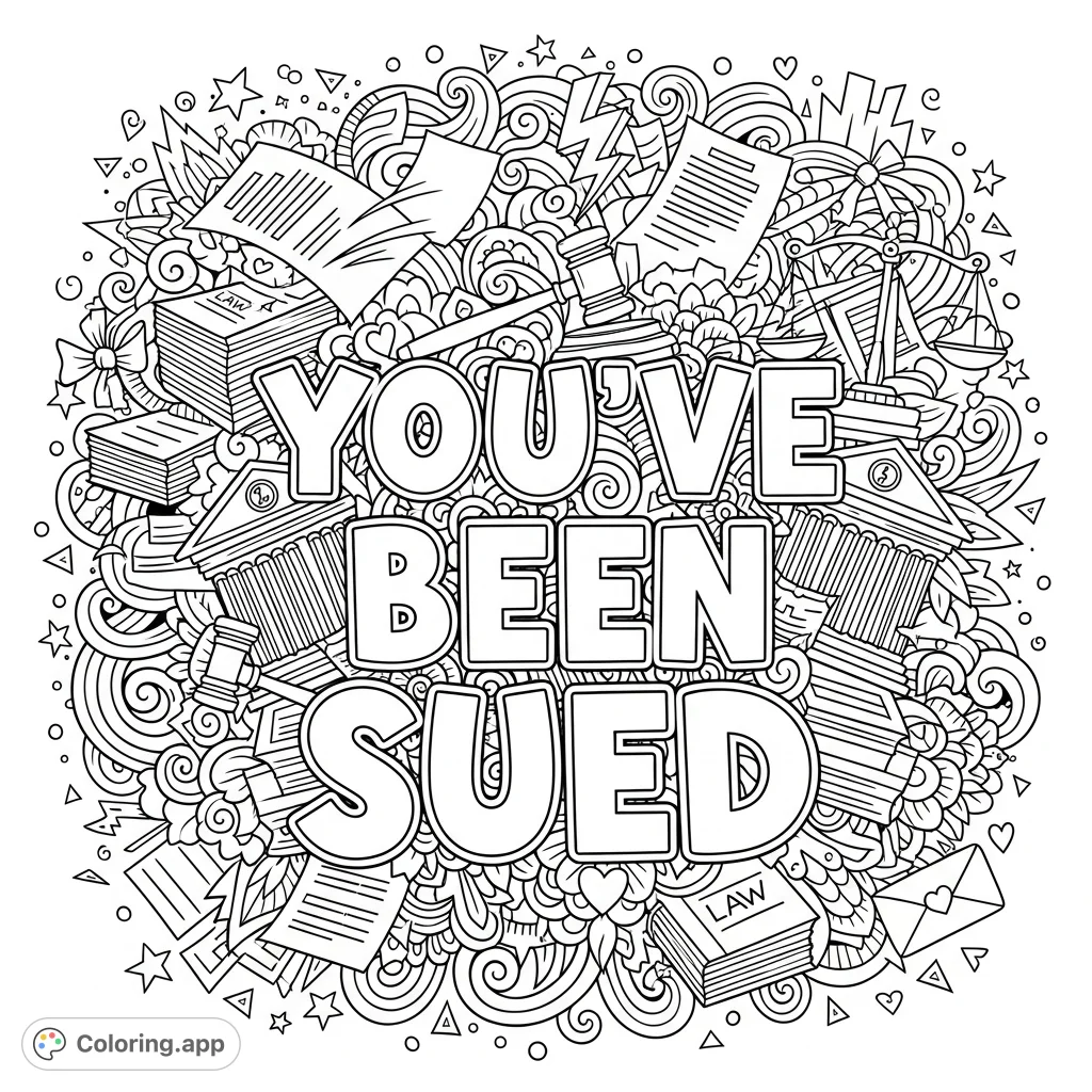 A humorous "You've Been Sued" coloring page featuring bold bubble letters surrounded by an intricate doodle background of legal items and playful accents.