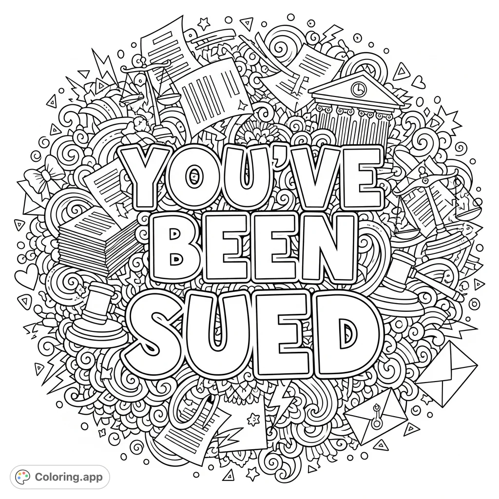 A humorous "You've Been Sued" coloring page featuring bold bubble letters surrounded by an intricate doodle background of legal items and playful accents.